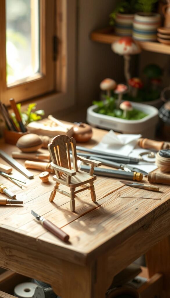A cozy wooden workbench, illuminated by natural light streaming through a window. On the bench, miniature tools and materials lie neatly arranged: delicate chisels, sandpaper, tiny hand saws, and spools of thin thread. In the foreground, a partially assembled fairy-sized chair takes shape, its intricate details carved with meticulous precision. The background reveals a charming fairy garden, with lush greenery and whimsical mushroom caps peeking out, setting the scene for this enchanting craft. The composition captures the tranquil, artisanal process of creating exquisite fairy furniture, perfect for adorning a magical fairy garden.