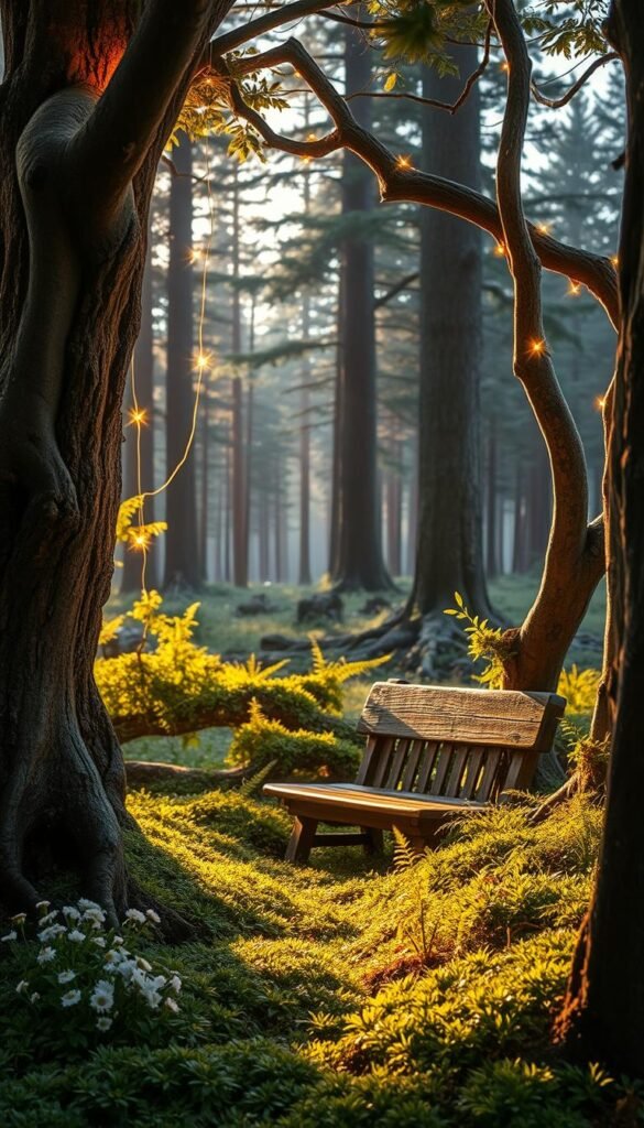 A cozy woodland nook, bathed in warm, golden light filtering through lush foliage. In the foreground, a rustic wooden bench nestled amidst a carpet of verdant moss and ferns. Clusters of delicate wildflowers dot the scene, adding pops of color. Hanging from the branches above, twinkling fairy lights cast a magical glow, creating an enchanting atmosphere. In the middle ground, twisted, gnarled tree trunks frame the tranquil setting, their bark textured and weathered. Distant silhouettes of tall pines and oaks form the hazy background, hinting at the expansive forest beyond. This serene, nature-inspired tableau evokes a sense of whimsy and tranquility, perfect for an "Embracing Woodland Vibes" feature.