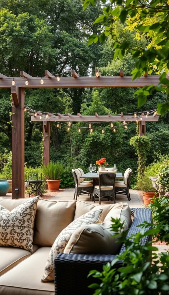 A cozy, year-round outdoor living space nestled in a lush, verdant garden. In the foreground, a comfortable seating area with plush cushions and throw pillows, inviting guests to relax and unwind. The middle ground features a well-appointed dining set, flanked by potted plants and trailing vines, creating a sense of warmth and natural ambiance. In the background, a sturdy pergola with delicate string lights casts a soft, romantic glow, blending seamlessly with the surrounding mature trees and shrubs. The scene is illuminated by a mix of natural sunlight and subtle, evenly distributed artificial lighting, capturing the essence of an inviting, all-season outdoor oasis.