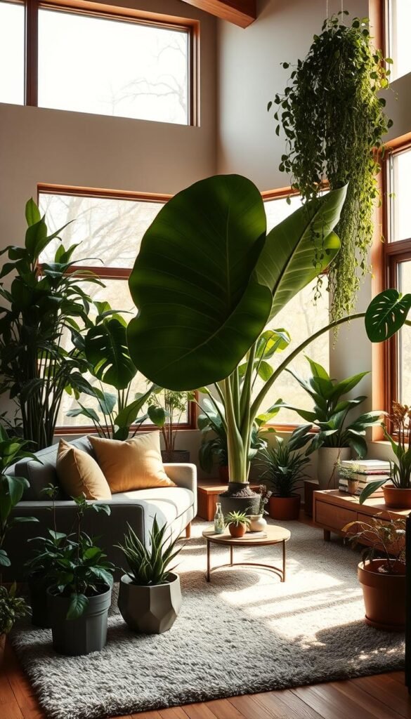A cozy yet modern living room filled with lush, verdant houseplants that take center stage. The space is bathed in warm, natural light filtering through large windows, casting a soft glow on the sleek, minimalist furniture pieces. A large, sculptural fiddle-leaf fig tree dominates the foreground, its broad leaves providing a dramatic focal point. Potted succulents, trailing vines, and compact monstera plants are strategically placed throughout the room, creating an indoor garden oasis. The color palette is muted and earthy, with pops of greenery complementing the neutral tones of the walls, wooden accents, and plush area rug. The overall impression is one of tranquility, balance, and a harmonious blend of nature and modern design.