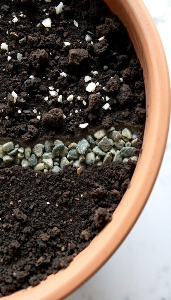A cross-section of a shallow planter filled with nutrient-rich potting mix, revealing its internal drainage structure. The soil is dark and loamy, with visible perlite or vermiculite particles interspersed throughout, allowing for optimal aeration and water flow. The bottom layer showcases a network of coarse gravel or small river rocks, creating a well-defined drainage zone to prevent waterlogging and root rot. Soft, diffused lighting from above gently illuminates the scene, highlighting the textural details of the soil and the clear separation between the potting mix and the drainage layer. The overall composition conveys a sense of balance, function, and healthy growth for dish garden plants.