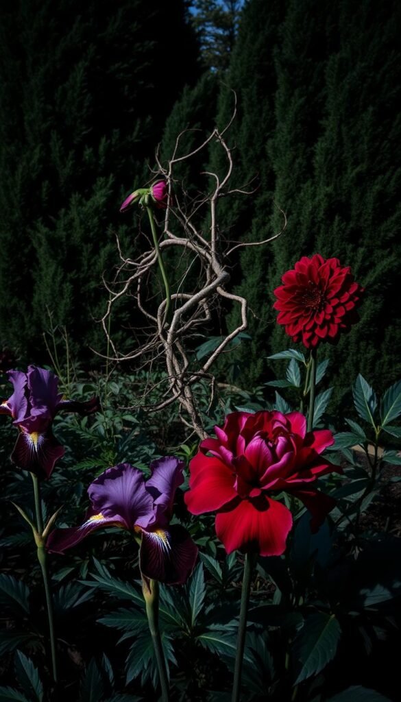 A dark, lush garden with twisted, gnarled plants. In the foreground, sinister-looking gothic flowers bloom - deep purple irises, crimson peonies, and inky black dahlias. Their petals seem to drip with viscous shadows. The middle ground features a twisted, thorny rose bush, its canes reaching out like grasping hands. In the background, a dense tangle of evergreen shrubs and trees with deep green, almost black foliage create a moody, moody atmosphere. Dramatic low-angle lighting casts dramatic shadows, evoking a gothic, haunting mood. Shot with a wide, cinematic lens to capture the full scope of this otherworldly garden.