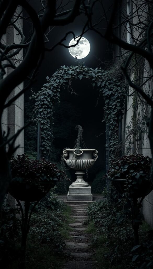 A dark, overgrown gothic garden, bathed in cool moonlight. In the foreground, gnarled branches of ancient yew trees frame the scene, their twisted silhouettes casting eerie shadows. Clusters of nightshade and hellebore flowers spill over ornate wrought-iron planters, their inky petals and foliage contrasting sharply against the pale stone walls. In the middle ground, a rusted metal archway is draped with cascading vines, leading the eye towards a central focal point - a large cast-iron urn overflowing with trailing tendrils of moody, darkly-hued plants. The background is shrouded in deep shadow, hinting at hidden pathways and mysterious corners, as if the garden itself is alive and watching. The overall atmosphere is one of gothic romance, decay, and untamed natural beauty.