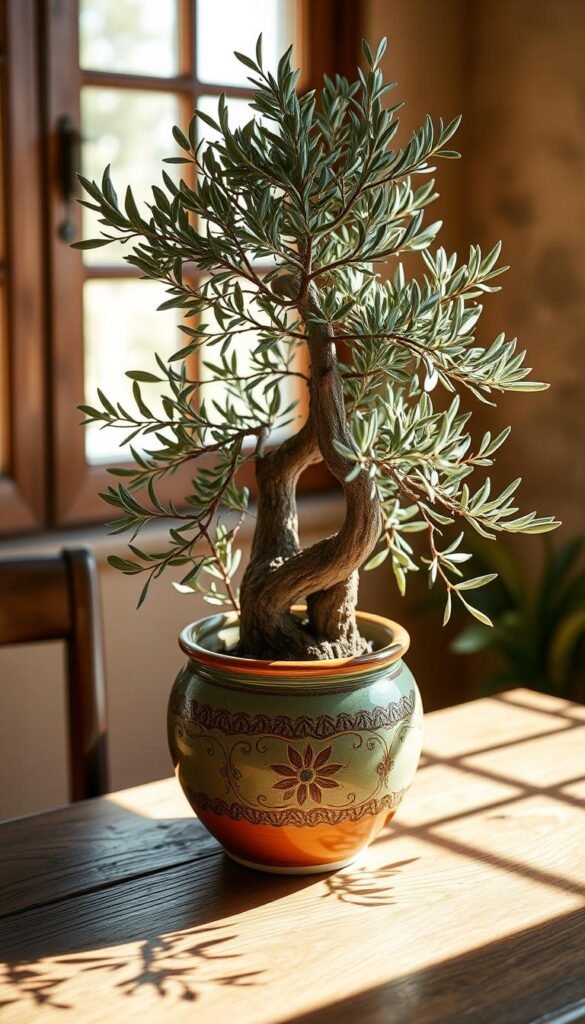 A decorative ceramic pot with an ornate floral motif sits on a wooden table, its glazed terracotta hue complementing the vibrant olive tree within. The tree's twisted, gnarled trunk and lush, silvery-green foliage create a striking contrast, casting delicate shadows across the tabletop. Soft, warm Mediterranean sunlight filters through a window, bathing the scene in a golden glow and accentuating the natural textures. The overall composition exudes a sense of tranquility and rustic elegance, perfectly capturing the essence of the "Olive Garden Aesthetic" and the "Incorporating Olive Trees and Mediterranean Plants" section.