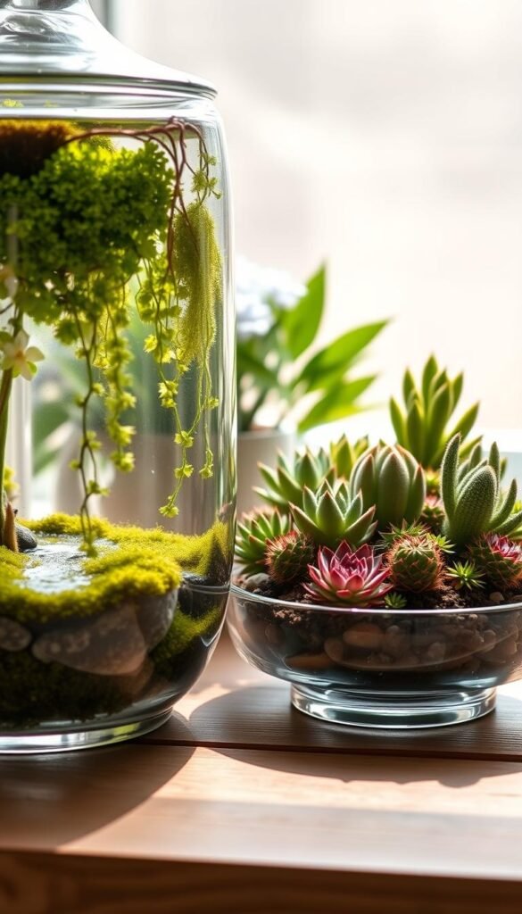 A delicate comparison between the light and water needs of a lush terrarium and a vibrant dish garden. In the foreground, a terrarium showcases verdant mosses, trailing vines, and a tranquil pool of water, while a dish garden in the middle ground boasts an array of thriving succulents and cacti under the warm glow of sunlight. The background fades into a soft, atmospheric haze, emphasizing the distinct environmental requirements of these two miniature garden styles. Captured through a wide-angle lens, the scene evokes a sense of balance and harmony, inviting the viewer to contemplate the intricate relationship between these two unique indoor gardening options.