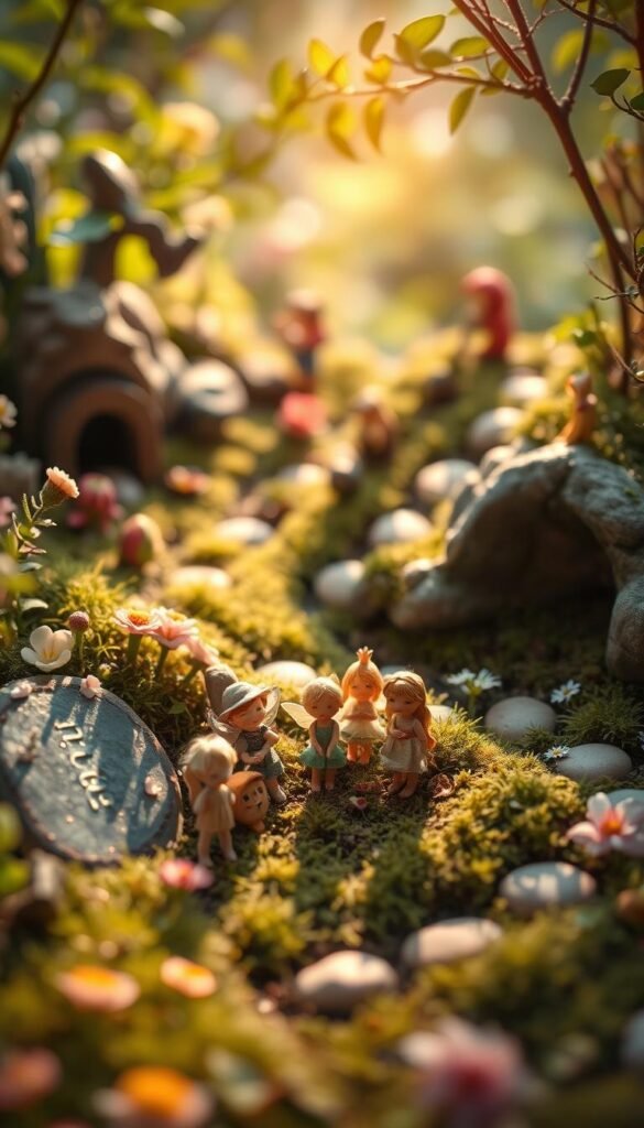 A delicate fairy garden, illuminated by soft natural light, with an array of enchanting figurines nestled among the lush foliage. In the foreground, a cluster of miniature woodland creatures - pixies, gnomes, and delicate fairies - pose gracefully, their intricate details captured in high resolution. The middle ground features a variety of materials used to craft these whimsical figurines, including carved wood, delicate wire, and delicate fabric. In the background, a serene landscape of mossy stones, tiny flowers, and a winding path sets the stage for this magical scene. The overall mood is one of wonder and enchantment, inviting the viewer to step into this captivating fairy world.