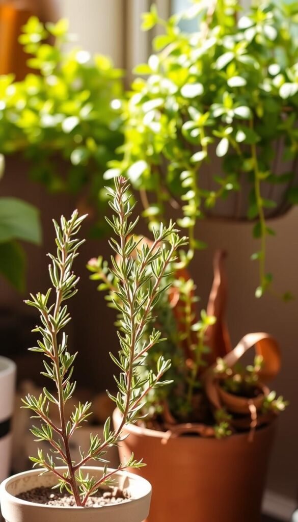 A delicate potted rosemary plant stands in the foreground, its fragrant, needle-like leaves gently swaying in the soft natural light. In the middle ground, a bundle of freshly harvested thyme sprigs is nestled among dried leaves, conveying the hardy resilience of this herb. In the background, a flourishing mint plant cascades from a hanging basket, its vibrant green hues complementing the earthy tones of the other herbs. The scene is bathed in a warm, golden glow, creating an inviting and serene atmosphere that captures the essence of overwintering herbs and their year-round care.