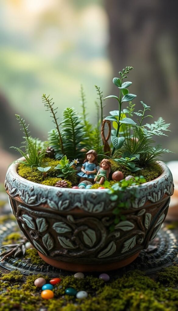 A delightful fairy garden container filled with lush, whimsical flora. The foreground showcases a charming, weathered ceramic pot, its surface adorned with intricate leaf and vine patterns. Nestled within, a verdant array of miniature plants, including delicate ferns, trailing ivy, and vibrant mosses, create a captivating, enchanted scene. Soft, diffused lighting illuminates the container, casting gentle shadows and highlighting the natural textures. In the middle ground, a scattering of colorful pebbles and tiny fairy figurines add to the magical ambiance. The background features a blurred, dreamy landscape, suggesting a serene, woodland setting, inviting the viewer to step into this enchanting fairy-themed dish garden.