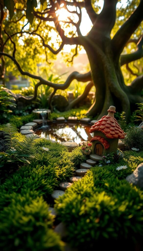 A delightful miniature fairy garden setup, featuring a whimsical mix of lush greenery and enchanting details. In the foreground, a tiny path winds through a carpet of soft moss, leading to a charming toadstool house nestled among ferns and delicate wildflowers. In the middle ground, a shallow pool reflects the dappled sunlight filtered through the canopy of overhanging leaves, creating a serene and tranquil atmosphere. In the background, the silhouettes of ancient, twisted trees lend a sense of mystique, hinting at the hidden wonders of the fairy realm. The scene is bathed in a warm, golden glow, evoking a sense of wonder and magic.
