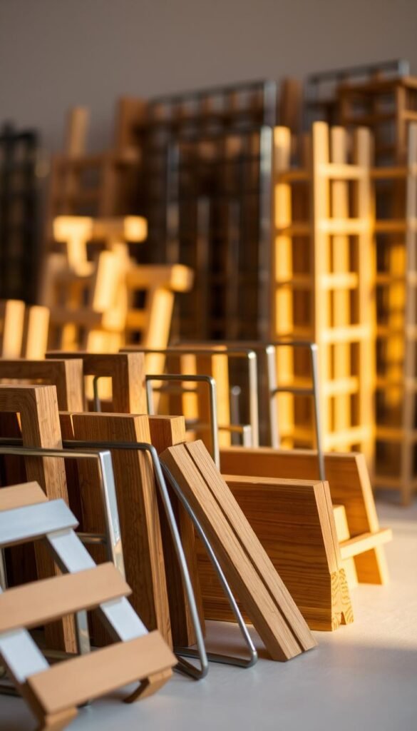 A detailed close-up comparison of various wood and metal trellis materials, showcased against a softly lit, neutral background. In the foreground, an assortment of natural wooden trellis pieces, their grain and textures prominently displayed. Alongside them, sleek metal trellis components with clean, geometric lines and a polished sheen. The middle ground features a blurred arrangement of additional trellis samples, creating a sense of depth and variety. The lighting is warm and directional, casting subtle shadows that accentuate the dimensional qualities of the materials. The overall mood is one of thoughtful exploration, inviting the viewer to closely examine the unique properties and aesthetic merits of these garden trellis options.