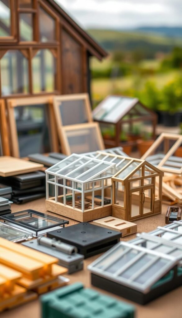 A detailed comparison of construction materials for greenhouse and cold frame structures. Foreground showcases various building elements - glass, wood, metal, plastic - arranged in an organized grid. Midground depicts two miniature greenhouse and cold frame models, highlighting their distinct architectural features and designs. Background features a softly blurred landscape, suggesting the natural setting where these structures would be installed. Lighting is subtle and diffused, emphasizing the textural qualities of the materials. Lens is set to a shallow depth of field, gently blurring the background and drawing the viewer's attention to the central comparison.