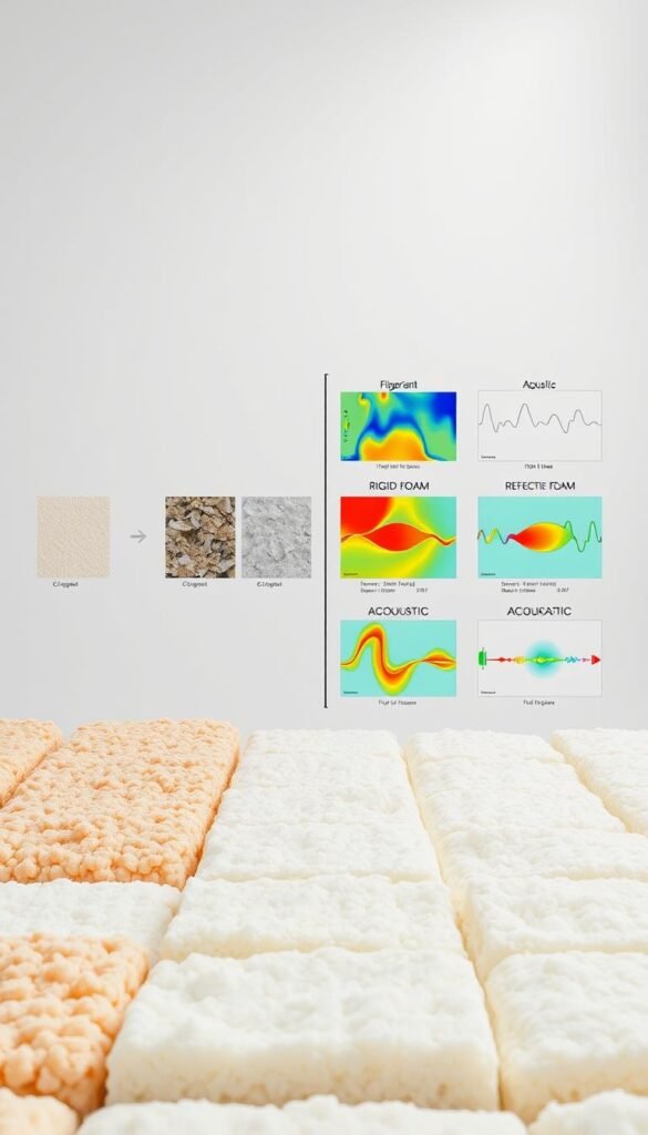 A detailed comparison of various insulation materials, showcased in a clean, well-lit studio environment. The foreground features a grid-like arrangement of samples, including fiberglass, cellulose, rigid foam, and reflective insulation, each labeled with technical specifications. The middle ground depicts the materials' thermal and acoustic properties, visualized through color-coded heat maps and soundwave diagrams. The background is a neutral, minimalist setting, allowing the insulation products to take center stage. Captured with a sharp, high-resolution lens to highlight the textures and subtle details of the materials, conveying a sense of precision and technical expertise.