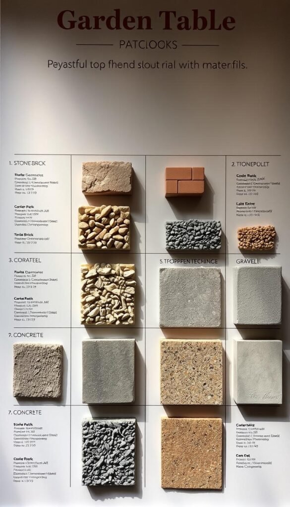 A detailed comparison table showcasing various path materials, arranged in an organized grid layout. The table features samples of different materials such as stone, brick, gravel, and concrete, each with clear labels and technical specifications. The materials are presented in a clean, minimalist style with a neutral color palette, allowing the textures and details to shine. Soft, directional lighting illuminates the table, creating subtle shadows and highlights that enhance the visual interest. The overall mood is informative and practical, designed to assist in the decision-making process for garden path construction.