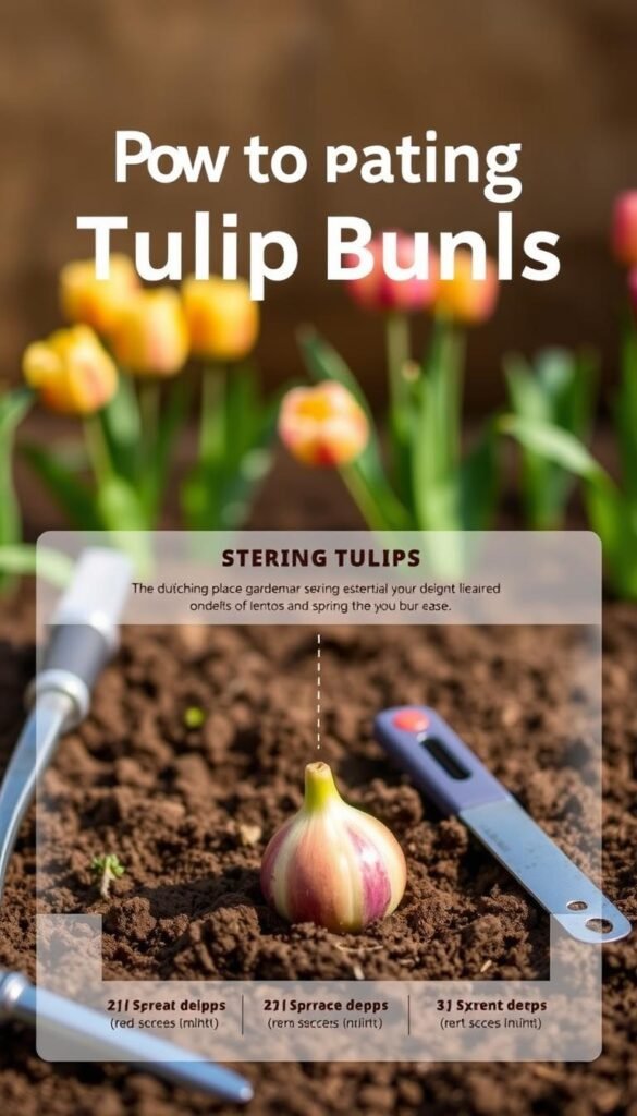 A detailed diagram of the essential steps for planting tulip bulbs, set against a warm, earthy backdrop. The foreground depicts the tulip bulb being carefully placed in a neatly prepared soil bed, surrounded by gardening tools. The middle ground showcases the step-by-step process, with illustrations of the proper planting depth and spacing. The background features a softly blurred garden scene, with lush greenery and the hint of vibrant tulip blooms on the horizon, conveying the anticipation of the spring display to come. Subtle, natural lighting illuminates the scene, creating a serene, instructional atmosphere.