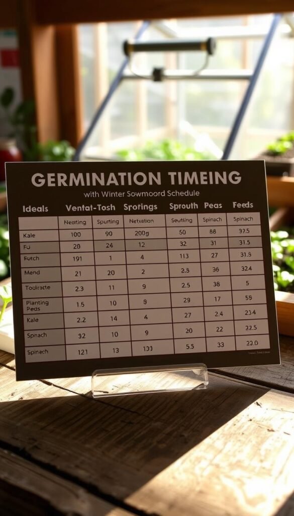 A detailed germination timing schedule displayed on a weathered wooden surface, illuminated by soft natural light. The schedule shows the ideal planting and sprouting timelines for various winter-sown seeds, such as kale, peas, and spinach, arranged in a clean, organized layout. The background features a blurred, out-of-focus scene of a small greenhouse or cold frame, hinting at the setting for this winter sowing process. The overall mood is one of informative clarity and the promise of a bountiful winter harvest.