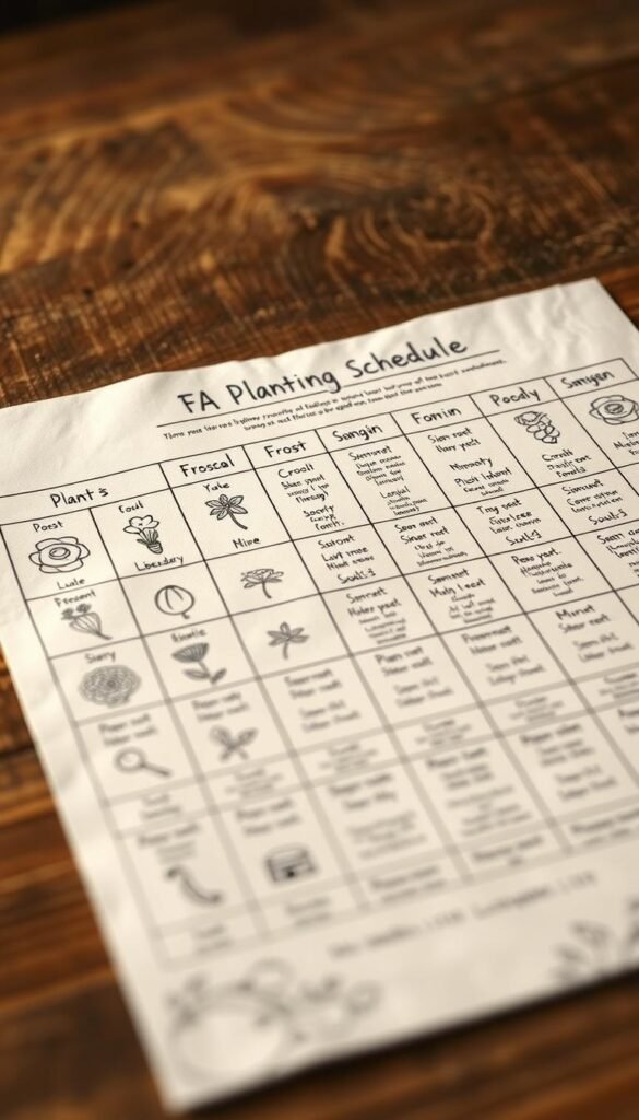 A detailed, hand-drawn planting schedule with frost dates, laid out on a rustic wooden surface. The foreground features carefully sketched icons and text neatly organized into rows, with a soft, warm lighting illuminating the scene. The background blurs into a muted, earthy tone, creating a serene, informative atmosphere ideal for a gardening guide. The overall composition conveys a sense of careful planning and a practical, educational approach to growing a vibrant cut flower garden.