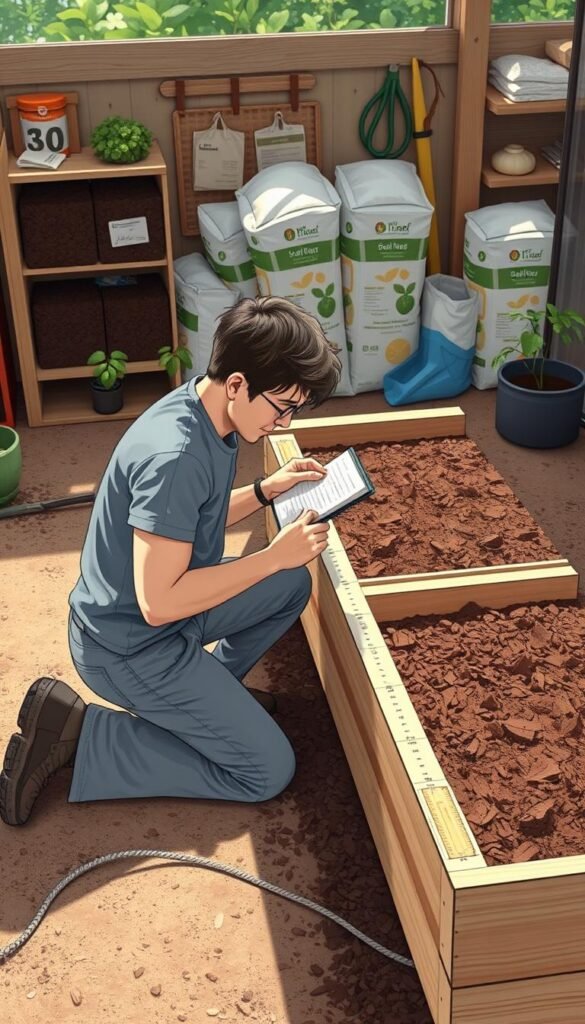 A detailed, scientifically accurate illustration of a person carefully measuring and calculating the soil volume required for a raised garden bed. The scene depicts a person kneeling next to a raised garden bed, holding a ruler and notebook, meticulously taking measurements and performing calculations. The background shows a well-organized gardening workspace with tools, soil bags, and other relevant accessories. The lighting is soft and natural, creating a serene, educational atmosphere. The angle is slightly elevated, providing a clear view of the person's work. The overall composition highlights the technical aspects of preparing a raised bed, emphasizing the importance of precise planning and preparation for a successful garden.