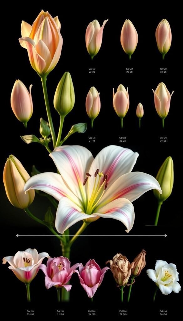 A detailed sequence chart showcasing the bloom cycle of a majestic lily flower. In the foreground, a stately lily bud unfurls, revealing delicate petals bathed in soft, warm lighting. The middle ground features the full bloom, the petals radiating outward in a stunning display of natural beauty. In the background, the sequence progresses through the various stages, from tightly closed buds to wilting, fading blooms, capturing the lily's life cycle with meticulous detail. The image conveys a sense of tranquility and reverence for the fleeting, yet captivating nature of these fragrant, showstopping flowers.