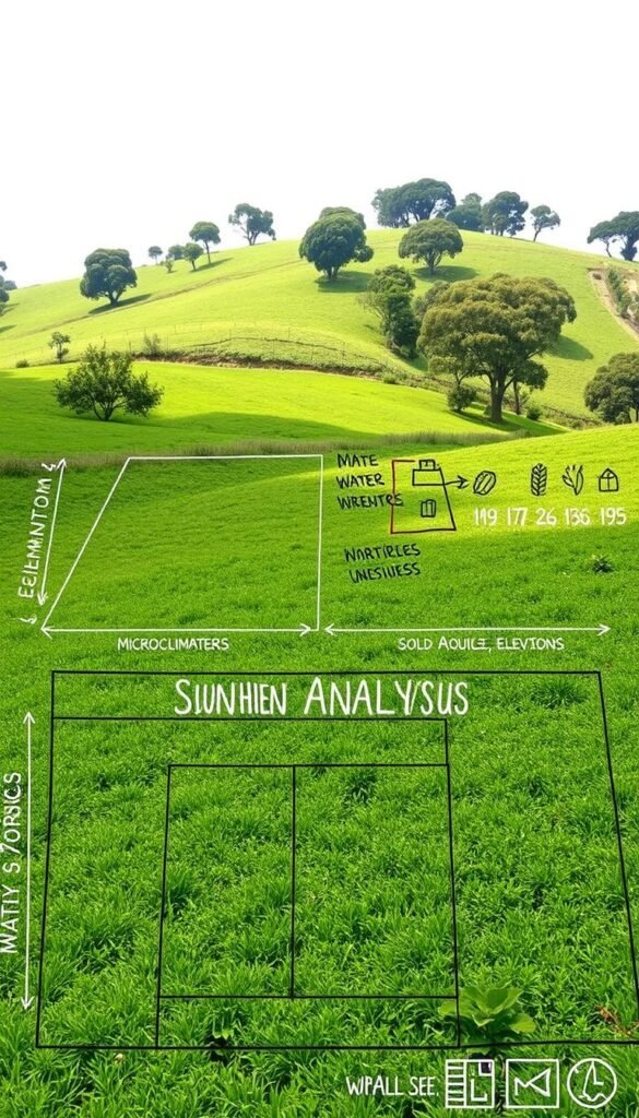 A detailed site analysis diagram showcasing various zones delineated on a lush, verdant landscape. The foreground depicts a well-defined grid of numbered sectors, each with its own distinct characteristics - sunlight exposure, soil quality, elevation, and potential uses. The middle ground features a series of hand-drawn symbols and annotations, conveying information about microclimates, water sources, and existing vegetation. In the background, a rolling hill dotted with mature trees creates a sense of depth and natural harmony. The lighting is soft and diffused, casting gentle shadows that accentuate the contours of the terrain. The overall mood is one of careful observation, planning, and a deep understanding of the site's inherent potential for a self-sustaining permaculture garden.