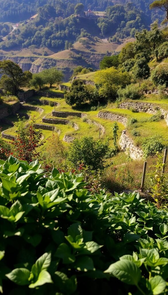 A detailed slope analysis of a lush, terraced landscape. In the foreground, a close-up of the diverse foliage, each plant's leaf texture and growth pattern meticulously rendered. The middle ground reveals the gentle undulations of the terraced beds, their stone retaining walls casting soft shadows. In the background, a panoramic view of the sloping terrain, with trees and shrubs cascading down the hillside, offering a sense of depth and perspective. The lighting is soft and natural, creating a serene, contemplative atmosphere that invites the viewer to study the intricate details of the land's topography.