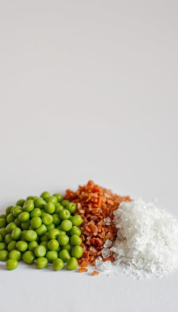 A detailed still life of three distinct fertilizer components - nitrogen, phosphorus, and potassium - arranged against a clean, neutral background. The nitrogen is represented by small green pellets, the phosphorus by reddish-brown granules, and the potassium by silvery-white crystals. The arrangement is carefully composed, with each element evenly spaced and lit from the side to create interesting shadows and highlights. The overall mood is informative and educational, conveying the essential nature of these three macronutrients for plant growth and development. The image should capture the technical aspects of these fertilizer components while maintaining a visually appealing and visually striking composition.