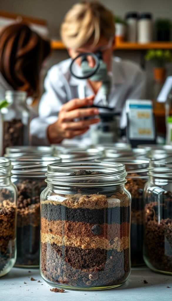 A detailed study of soil composition and texture, showcasing a cross-section view of different soil layers. The foreground displays an array of soil samples in glass jars, revealing distinct textures and colors. The middle ground features a hands-on analysis, with a person examining soil through a magnifying glass. In the background, a laboratory-style setup with scientific equipment, such as a microscope and soil testing kits, creates an atmosphere of professional analysis. Soft, natural lighting illuminates the scene, emphasizing the intricate details of the soil samples. The overall mood conveys a sense of scientific inquiry and a focus on understanding the fundamental properties of the earth's foundation for a thriving garden.