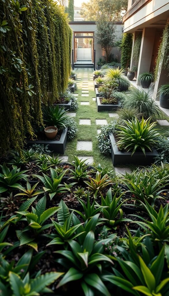 A diagonal axis garden design with an alluring visual illusion. A lush, verdant foreground showcases a tapestry of diverse plants, their foliage cascading in a rhythmic dance. The middle ground features a series of angled pathways and raised planter beds, creating a mesmerizing sense of depth and perspective. In the background, a seamless blend of architectural elements and softly lit garden features adds to the captivating illusion. Warm, golden lighting filters through the scene, casting gentle shadows and accentuating the intricate textures. Captured through a wide-angle lens, the image conveys a sense of expansiveness within a compact space, inspiring ideas for maximizing the potential of small outdoor areas.