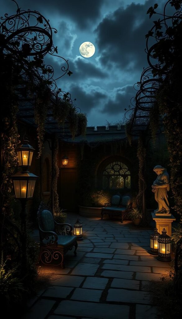 A dimly lit gothic garden at dusk, with twisted wrought-iron trellises draped in cascading vines and blooming dark flowers. Flickering candlelight casts dramatic shadows across the weathered stone pathways, accentuating the ornate ironwork. Strategically placed lanterns and recessed ground lighting create pools of soft, eerie illumination, guiding the eye through the shadowy corners. Tendrils of mist curl around the bases of ancient statues, heightening the sense of foreboding. A single full moon peers through thick, ominous clouds, casting an ethereal glow over the entire scene.