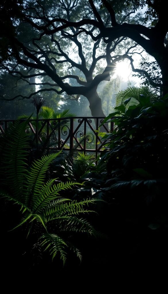 A dimly lit, moody garden scene with lush, dramatic foliage selections. In the foreground, a cluster of towering ferns and large, lobed leaves cast dramatic shadows across the ground. In the middle, a thick undergrowth of dense, twisted branches and deep green, glossy leaves. In the background, a canopy of ancient, gnarled trees filters the soft, filtered light, creating an air of mystery and enchantment. The overall composition has a cinematic, chiaroscuro lighting effect, with deep shadows and highlights that accentuate the organic textures and forms. Shoot with a wide-angle lens to capture the depth and grandeur of the scene.