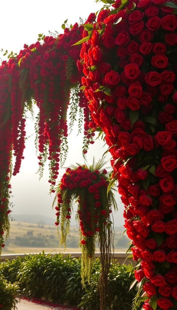 A dramatic, sweeping wedding floral installation, with towering arches of cascading red roses and lush, verdant greenery. Soft, warm lighting illuminates the rich, velvety blooms, casting dramatic shadows and creating an enchanting, moody atmosphere. In the foreground, a stunning focal point of a large, opulent arrangement overflows with bountiful red roses, their petals glistening with dew. The middle ground features elegant, trailing vines and foliage, artfully arranged to frame the central display. In the background, a dreamy, ethereal landscape sets the scene, hinting at a romantic, fairytale-like setting. Captured with a wide-angle lens to emphasize the grandeur and scale of the floral decor, this image evokes a sense of drama, bold sophistication, and unforgettable beauty.
