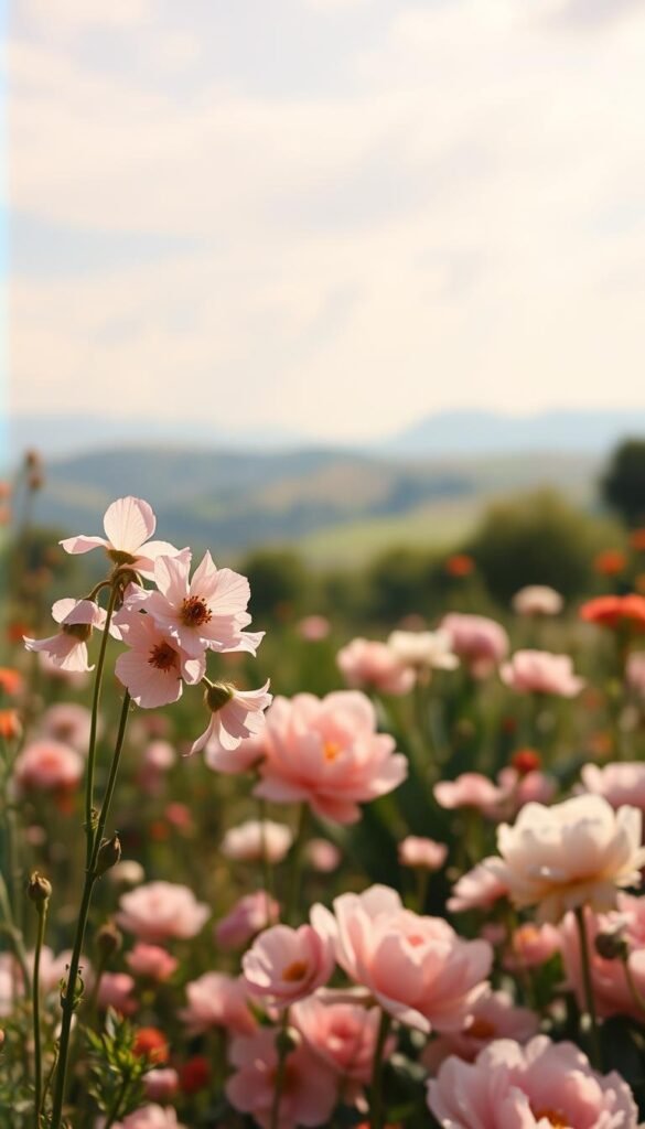 A dreamy, pastel-hued garden scene with a soft, hazy focus. In the foreground, a cluster of delicate, sheer-petaled flowers in shades of pink, lavender, and peach sway gently in a warm breeze. The middle ground features a lush, overgrown flowerbed with a mix of seasonal blooms - anemones, peonies, and scented garden roses. In the background, a blurred, ethereal landscape with rolling hills and a wispy, cloud-streaked sky. The lighting is soft and diffused, creating a romantic, whimsical atmosphere. Captured with a medium format film camera, the image has a nostalgic, vintage-inspired aesthetic.