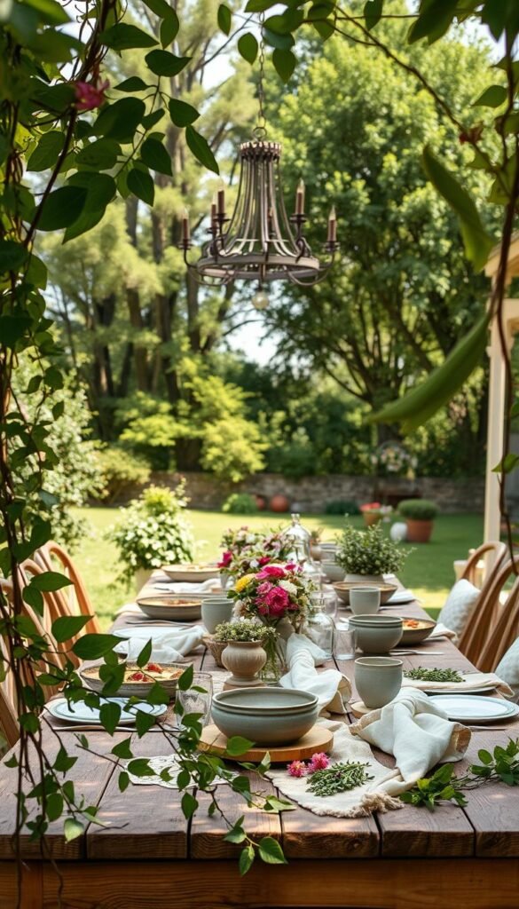 A dreamy, sun-dappled alfresco dining setup in a lush garden, captured with a wide-angle lens. In the foreground, a rustic wooden table is layered with textured linens, handcrafted ceramics, and a scattering of fresh flowers. Cascading vines and trailing foliage frame the scene, creating a sense of natural abundance. In the middle ground, a wrought-iron chandelier casts a warm, ambient glow, while the background features a verdant backdrop of towering trees and a glimpse of a stone wall. The overall atmosphere evokes a charming, timeless elegance, perfect for an intimate garden picnic.