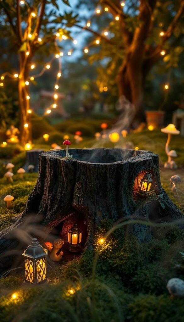 A enchanting fairy garden at dusk, illuminated by a warm glow from delicate string lights winding through the lush foliage. Clusters of miniature lanterns and glowing mushrooms dot the mossy ground, casting a magical ambiance. In the foreground, a weathered tree stump serves as the centerpiece, its nooks and crannies adorned with twinkling fairy lights, creating an inviting and whimsical focal point. Ethereal mist swirls around the scene, adding to the dreamlike, atmospheric quality. The overall composition evokes a sense of wonder and enchantment, drawing the viewer into this captivating fairy oasis.