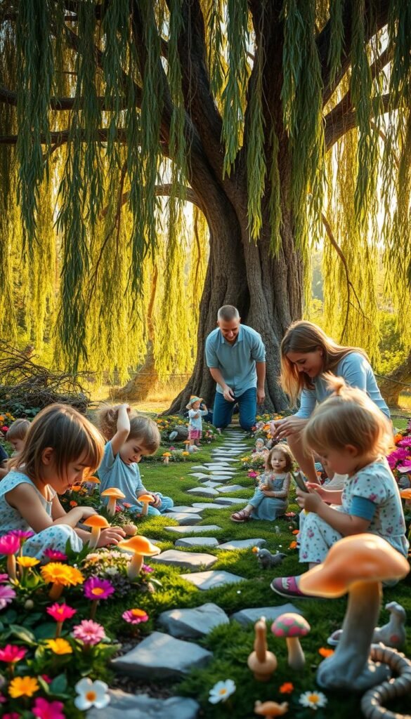 A family gathered in a lush fairy garden, exploring the whimsical scene. In the foreground, children play amongst vibrant flowers and glowing mushrooms, their faces alight with wonder. In the middle ground, parents tend to a miniature stone path, arranging delicate figurines and twinkling fairy lights. In the background, a towering willow tree casts a soft, dappled glow over the enchanting oasis, its cascading branches framing the magical tableau. Warm afternoon sunlight filters through the leaves, casting a golden hue across the entire enchanted setting. The overall mood is one of joy, imagination, and a deep connection to the natural world.