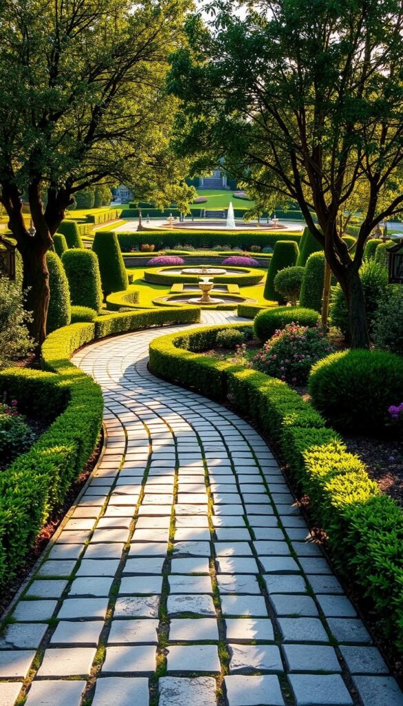 A formal garden path winding through a lush, well-manicured landscape. In the foreground, neatly arranged stone pavers form a symmetrical, linear walkway, edged with precisely trimmed hedges and flowering shrubs. The middle ground features meticulously pruned trees casting dappled shadows, and in the distance, a backdrop of manicured lawns and ornamental fountains. The scene is bathed in warm, golden afternoon light, creating a serene and inviting atmosphere. The path leads the viewer through this idyllic, traditional garden, guiding them towards the heart of this tranquil oasis.