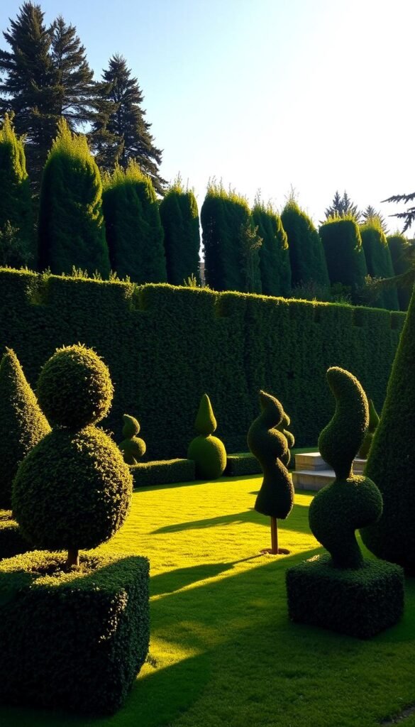 A formal garden with stately, symmetrical hedges and meticulously trimmed topiaries. The hedges form a lush, verdant backdrop, their straight lines and sharp angles creating a sense of order and grandeur. In the foreground, sculptural topiaries in whimsical shapes stand as focal points, casting dramatic shadows under the warm, golden light of an afternoon sun. The scene exudes a timeless elegance, a harmonious balance of nature and human design. The camera captures this tranquil, manicured landscape from a low angle, emphasizing the towering, imposing presence of the hedges and topiaries.