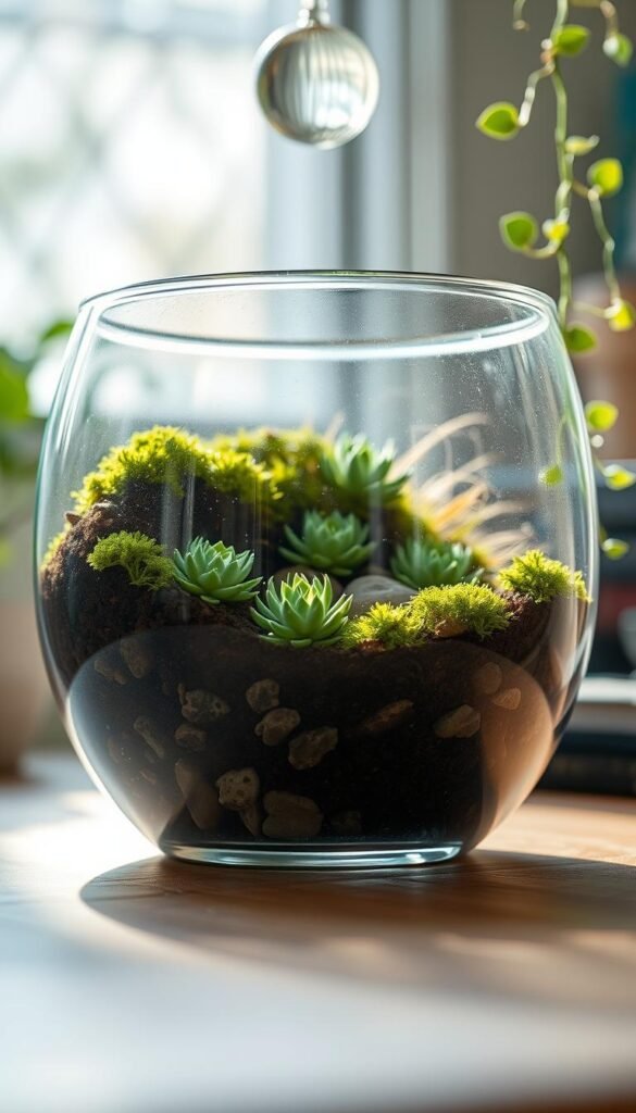 A glass terrarium on a wooden table, sunlight streaming through the glass, illuminating the layers within. In the foreground, potting soil and stones, carefully arranged to create a natural, earthy foundation. Midground features small succulents and moss, their verdant hues contrasting with the transparent walls. In the background, a wisp of trailing vines, cascading down the sides, adding a touch of whimsy. The scene is captured with a shallow depth of field, drawing the eye to the intricate details of the assembly process. A sense of tranquility and enchantment pervades the image, inviting the viewer to step into this miniature, self-contained world.