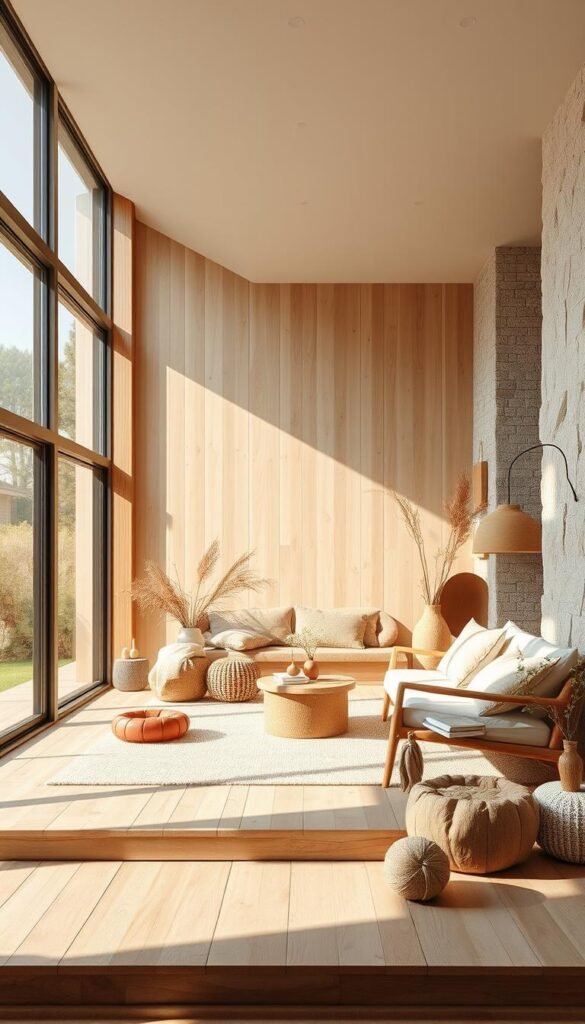 A harmonious arrangement of natural materials in a well-lit, airy setting. Smooth, tactile textures of wood, stone, and natural fibers create a cohesive, earthy ambiance. Sunlight filters through large windows, casting warm, diffused illumination across the scene. Minimalist, organic furnishings and decor complement the material palette, fostering a sense of balance and tranquility. The overall composition emphasizes the seamless integration of indoor and outdoor elements, inviting a soothing, harmonious transition between spaces.