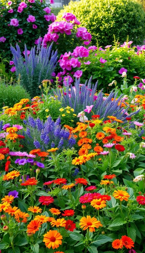 A harmonious grouping of thriving plants in a lush garden setting. In the foreground, a mix of vibrant annuals, such as marigolds, zinnias, and petunias, burst with color. In the middle ground, clusters of perennials like daylilies, lavender, and peonies create a captivating tapestry. Behind them, a backdrop of verdant shrubs, including rhododendrons and azaleas, frames the scene. Soft, natural lighting filters through, casting a warm, inviting glow. The overall composition showcases the principles of balance, repetition, and contrast, guiding the viewer's eye through the harmonious design. A sense of tranquility and abundance pervades the scene, inspiring ideas for a thriving, visually striking flower garden.