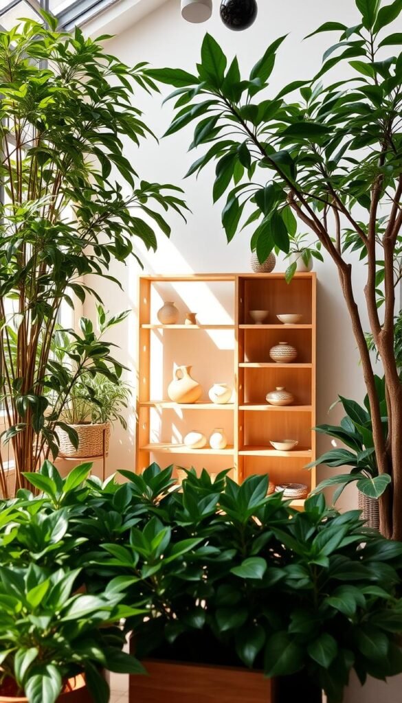 A harmonious indoor garden with lush greenery, natural light, and contemporary decor elements. In the foreground, a balanced arrangement of potted plants, their foliage creating a serene, symmetrical composition. In the middle ground, a minimalist wooden shelving unit displays decorative ceramic pots and sleek vases. The background features a large, floor-to-ceiling window, allowing warm, diffused sunlight to flood the space, casting soft shadows and highlighting the textures of the materials. The overall mood is one of tranquility and balance, with a clean, modern aesthetic that seamlessly integrates the natural and the manmade.