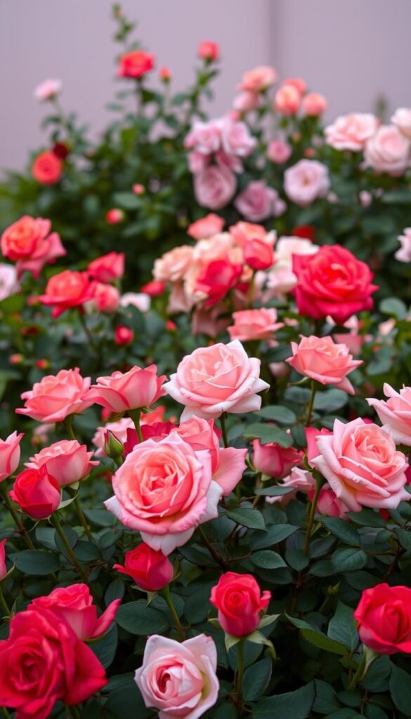 A harmonious palette of rose blooms in a classic garden setting. In the foreground, a lush bed of velvety pink and crimson roses, their petals softly illuminated by warm, diffused natural light. The middle ground features a mix of delicate blush and coral tones, creating a cohesive color harmony. In the background, a subtle gradient of muted lavender and mauve hues adds depth and sophistication. The composition is framed by verdant foliage, lending a sense of tranquility and timeless elegance. The overall atmosphere evokes a sense of serene beauty, inviting the viewer to immerse themselves in the timeless charm of a well-curated rose garden.