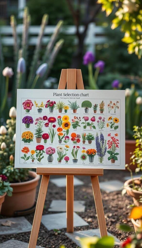 A high-impact plant selection chart displayed on a wooden easel, set against a serene garden backdrop. The chart features vibrant, detailed illustrations of various annuals, perennials, and shrubs, arranged in a grid-like layout. The plants are depicted with meticulous attention to their unique characteristics, textures, and colors, showcasing their visual appeal and growth habits. Soft, natural lighting illuminates the scene, creating a warm, inviting atmosphere that complements the organic beauty of the garden setting. The overall composition conveys a sense of informative practicality, inspiring the viewer to discover the perfect plants for their own flower garden.