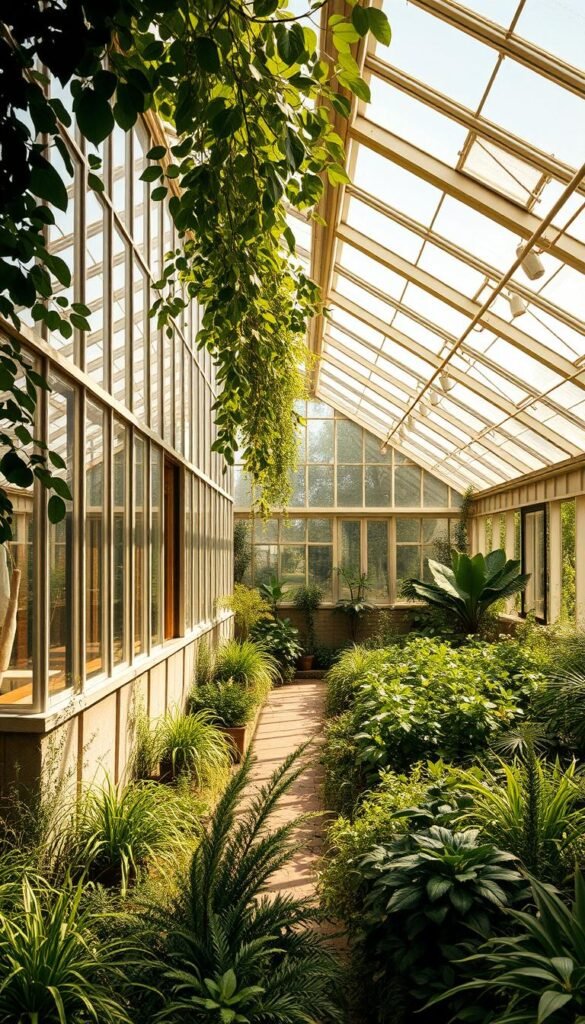 A large, sun-drenched greenhouse nestled in a lush, verdant landscape. The structure's angled, south-facing glazed walls and roof maximize solar exposure, bathing the interior in warm, natural light. Thermal mass elements, like stone or concrete, line the floor and walls, absorbing heat during the day and radiating it at night, creating a stable, comfortable temperature. Carefully placed vents and windows facilitate passive air circulation, regulating humidity and temperature without the need for energy-intensive systems. Lush, thriving greenery and verdant foliage fill the greenhouse, illustrating the harmonious integration of sustainable design and year-round growing.