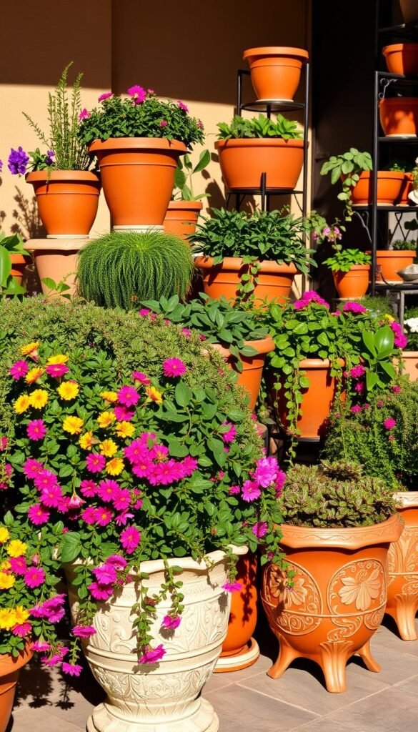 A layered arrangement of ornate ceramic pots and planters, each filled with a vibrant assortment of lush, trailing plants and flowers. The foreground features a mix of colorful blooms and textured foliage spilling over the edges, while the middle ground showcases a tiered display of terracotta containers in varying sizes and shapes. In the background, a tiered metal stand holds additional planters, creating a sense of depth and visual interest. Warm, directional lighting casts dramatic shadows, accentuating the dimensional quality of the arrangement. The overall scene evokes a sense of abundant, carefully curated container gardening, inviting the viewer to imagine the visual splendor of this layered floral display.