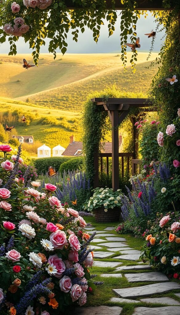 A lush, English cottage garden blooming with a diverse array of vibrant flowers and greenery. In the foreground, a delicate floral tapestry of roses, peonies, and lavender spills over a winding stone pathway. The mid-ground features a charming wooden arbor draped in cascading vines, while the background showcases a verdant, rolling hillside bathed in warm, golden hour light. Bees and butterflies flutter amidst the abundant foliage, creating an enchanting, natural atmosphere. The scene radiates a sense of timeless beauty, traditional elegance, and modern, sustainable sensibilities.
