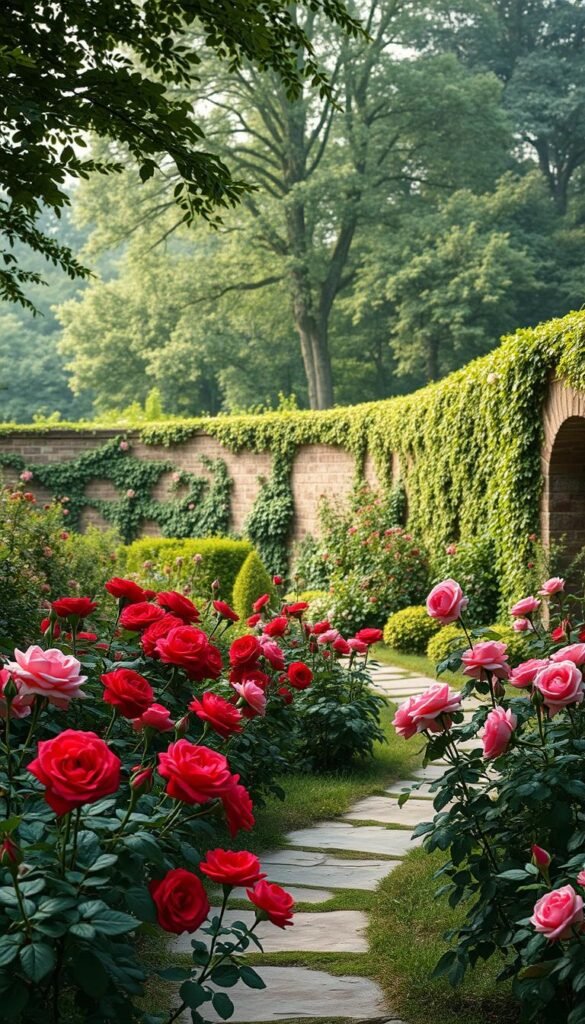 A lush English garden in soft, diffused light. In the foreground, a winding stone pathway meandering through a verdant tapestry of classic perennial flowers - vibrant red and pink roses in full bloom, their delicate petals kissed by morning dew. The middle ground features a gently curving stone wall, adorned with crawling vines and cascading blossoms. Beyond, a lush forest of mature trees frames the scene, their dappled shadows casting a warm, romantic ambiance. The overall composition evokes a sense of timeless elegance and tranquility, inviting the viewer to stroll through this enchanting oasis.