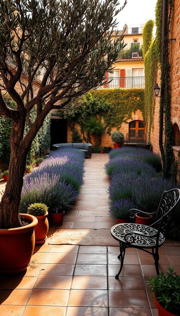 A lush Mediterranean garden with a central olive tree in the foreground, its gnarled trunk and silvery leaves casting soft shadows across the terracotta pots and wrought-iron garden furniture. In the middle ground, a tiled pathway winds through rows of lavender, rosemary, and other fragrant herbs, their purple and green hues complementing the warm, earthy tones. In the background, a stone wall is draped with cascading vines, creating a sense of enclosure and intimacy. The scene is bathed in warm, golden light, with long, dramatic shadows lending depth and dimension. The overall atmosphere is one of tranquility, relaxation, and the timeless beauty of the Mediterranean aesthetic.