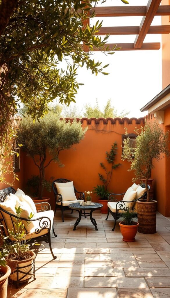 A lush Mediterranean outdoor seating area, bathed in warm, golden sunlight. In the foreground, a cozy arrangement of wrought-iron furniture with plush, cream-colored cushions, surrounded by potted olive trees and trailing vines. The middle ground features a stone patio, its weathered tiles complementing the natural hues. In the background, a stucco wall, its ochre tones reminiscent of ancient ruins, frames the scene, creating a sense of timeless elegance. Soft, diffused lighting filters through the shaded pergola overhead, casting a gentle, romantic glow. The overall atmosphere evokes a tranquil, leisurely lifestyle, inviting one to embrace the Mediterranean essence.