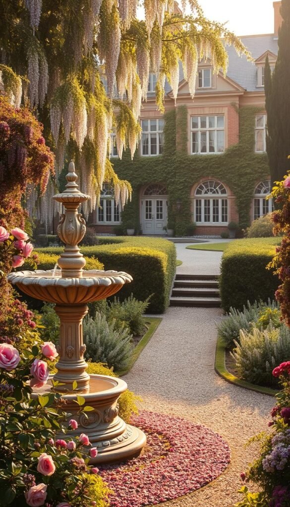 A lush Victorian garden in soft, golden afternoon light. In the foreground, a grand, ornate fountain with cascading water and intricate stone carvings. Surrounding it, a profusion of romantic blooms - velvety roses, fragrant lavender, and overflowing ivy. In the middle ground, a gravel path winding through a verdant canopy of trailing wisteria and manicured hedges. In the background, a stately manor house with a classic brick facade and tall arched windows. The scene exudes a sense of elegant timelessness, inviting one to linger and savor the beauty of a bygone era.