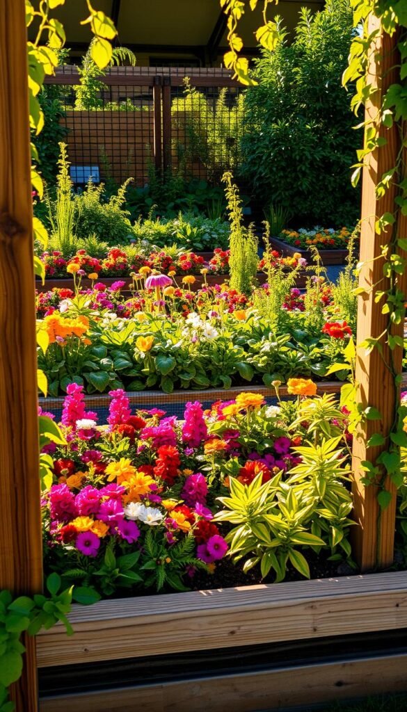A lush, aesthetically pleasing raised garden bed framed by a wooden border, bathed in warm, golden afternoon sunlight. The beds are filled with a vibrant mix of colorful flowers, neatly arranged in a visually striking pattern. Verdant foliage cascades over the edges, creating a sense of abundance and natural harmony. The scene is photographed at a slight angle, capturing the textures of the wood and soil, as well as the gentle shadows that add depth and dimension. The overall composition conveys a serene, inviting atmosphere, showcasing the benefits of raised bed gardening for easier maintenance and healthier plants.